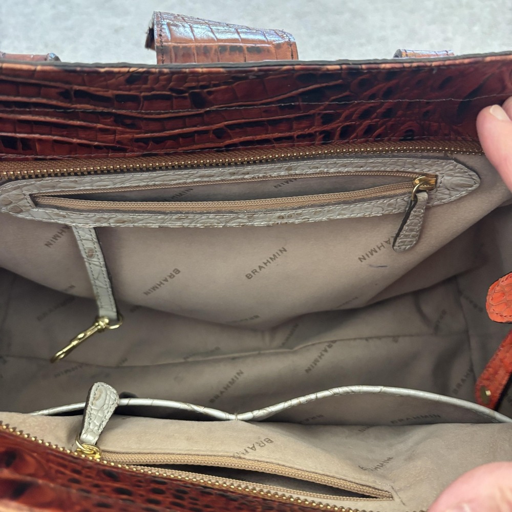 Brahmin Croc Embossed Satchel Bag Womens Medium Beige Brown Top Handle Classic - Picture 10 of 14